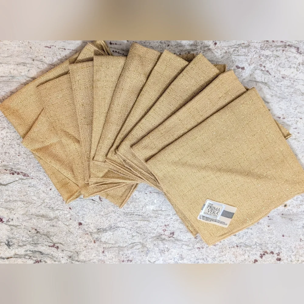Ten Vtg Linen Blend Dinner Napkins Gold Metallic Thread Shimmer NEW Prima Vera